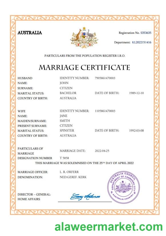 Australia marriage certificate Word and PDF template